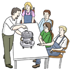 Illustration - 4 Personen am Tisch sitzend und eine lehrende Person