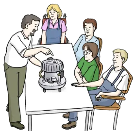 Illustration - 4 Personen am Tisch sitzend und eine lehrende Person