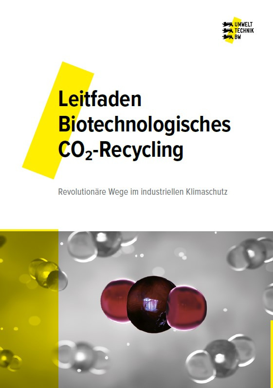 Titelblatt des Leitfadens, das die Überschrift trägt "Leitfaden Biotechnologisches CO2-Recycling" und darunter das CO2-Molekül zeigt.